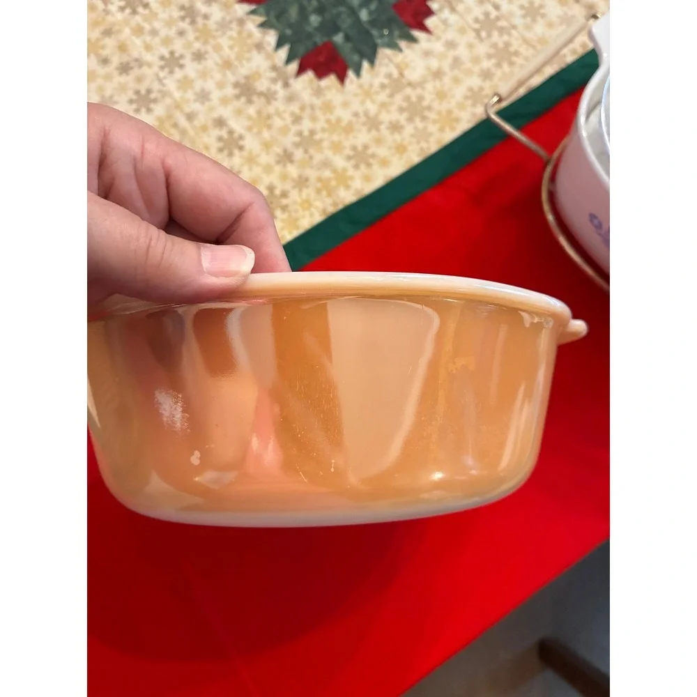 Vintage Fire-King Peach Luster 2Quart Round Casserole Dish Milk Glass Tab Handle